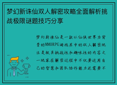 梦幻新诛仙双人解密攻略全面解析挑战极限谜题技巧分享